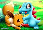  1girl bbmbbf blue_skin brown_fur cum cum_in_mouth eevee male nintendo palcomix penis penis_in_mouth pokemon pokepornlive totodile 