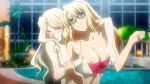  2_girls 2girls anime big_breasts bikini blonde_hair breast_grab breasts_out_of_clothes ecchi elizabeth_mably embarrassed female/female female_only freezing_(series) gif glasses grabbing grabbing_from_behind groping hands_under_clothes long_hair loop pool poolside satellizer_el_bridget smile swimming_pool swimsuit yuri 