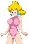  1girl 2d blonde_hair blue_eyes blush cameltoe caucasian cleavage crown earrings embarrassed erect_nipples female_only impossible_clothes impossible_leotard lastlevel leotard pink_leotard pink_lipstick ponytail princess_peach standing super_mario_bros. transparent_background 
