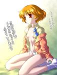  1girl agatha_christie_no_meitantei_poirot_to_marple aoi_kumiko blazer blonde_hair bow bowtie breasts brown_eyes dress_shirt flat_chest footwear great_detectives_poirot_and_marple kneeling mable_west maybelle_west navel no_bra open_clothes open_shirt panties poirot_and_marple shirt side-tie_panties small_breasts socks solo translation_request underwear white_legwear white_panties white_socks 