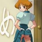  1girl agatha_christie_no_meitantei_poirot_to_marple ass brown_eyes brown_hair from_behind gloves great_detectives_poirot_and_marple haruyama haruyama_kazunori looking_back lowres mable_west maybelle_west mooning no_panties poirot_and_marple pussy_peek short_hair skirt skirt_lift smile solo upskirt 