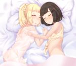  2_girls 2girls bad_anatomy bangs bare_shoulders bed_sheet blunt_bangs blush braid breasts brown_hair closed_eyes closed_mouth erect_nipples from_above hand_holding highres interlocked_fingers lillie lillie_(pokemon) long_hair lying moon_(pokemon) moon_(trainer) multiple_girls nightgown nose_blush on_side open_mouth pillow pokemon pokemon_(game) pokemon_sm ponytail see-through shirt shoulder_cutout sleeping sleeveless small_breasts smile tied_shirt yuno_(mioalice) yuri 
