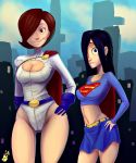  ass big_breasts black_hair blue_eyes breasts brown_eyes brown_hair cameltoe cleavage cleavage_cutout cosplay dc dc_comics gloves hair_over_one_eye helen_parr mother_&amp;_daughter mother_and_daughter nipples power_girl power_girl_(cosplay) skirt small_breasts smiling supergirl supergirl_(cosplay) tank_top the_incredibles thehumancopier violet_parr 