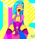  2014 big_breasts blue_hair bra breasts cleavage clothed elbow_gloves eyelashes gkg gloves hair marge_simpson me!me!me! mememe milf on_knees open_mouth panties purple_gloves stockings the_simpsons thigh_highs tongue upskirt yellow_skin 