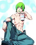  1girl 1girl abs breasts cup erect_nipples feguimel fingernails foo_fighters green_eyes green_hair high_resolution holding_cup jojo&#039;s_bizarre_adventure lips long_hair naked_overalls nipples overalls paid_reward part_6:_stone_ocean patreon_reward scarf short_hair simple_background sipping soda_cup watermark 