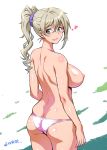  1girl areolae ass back blush breasts butt_crack character_request earrings from_behind green_eyes grey_hair hair heart jewelry joy_ride large_breasts light_brown_hair long_hair looking_back nipples panties panties_only parted_lips pink_panties ponytail precure scrunchie skindentation smile solo topless underwear underwear_only 