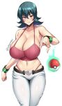  1girl 1girl absurd_res alternate_breast_size artist_name bare_shoulders belt big_breasts blush bracelet chromatic_aberration cleavage collarbone creatures_(company) crop_top game_freak green_hair hair_between_eyes halterneck high_res jewelry natsume_(pokemon) navel nintendo pants poke_ball pokemon pokemon_hgss red_eyes sabrina sabrina_(pokemon) shiny_skin short_hair simple_background skindentation sleeveless smile sole_gem stomach telekinesis thighs thong tight_clothes tight_pants white_background white_pants 