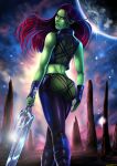  1girl 1girl 1girl alien ass comic_book_character female_focus female_only gamora green_skin guardians_of_the_galaxy latex long_hair looking_back marvel marvel_cinematic_universe mcu red_eyes red_hair see-through shadman skin_tight smile solo_female solo_focus standing sword tagme tight_clothes weapon 