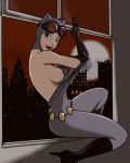  batman_(series) catsuit catwoman dc dc_comics goggles green_eyes heels lipstick looking_at_viewer mask nipples selina_kyle sideboob smile tagme undressing window 