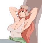  1girl areola breasts cleavage disney female female_only gravity_falls green_eyes hat large_breasts lips long_hair nipples no_bra plaid_shirt red_hair sexually_suggestive solo sundown sweat tank_top wendy_corduroy white_background 