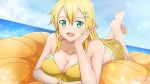 alluring beach bikini blonde_hair green_eyes inflatable_tube leafa mystery_(artist) mysteryctu ocean sword_art_online