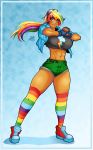 1girl abs breasts darkereve female_only friendship_is_magic goggles humanized my_little_pony rainbow_dash rainbow_socks socks solo solo_female striped_socks 