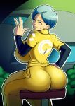  1girl anime_milf ass big_ass big_breasts blue_hair breasts bubble_ass bubble_butt bulma_brief clothed_female dragon_ball dragon_ball_super dragon_ball_super:_super_hero female_focus female_only high_res huge_ass huge_breasts looking_back mature mature_female milf short_hair sitting_down solo_female solo_focus stool_position sweating tagme v vertacularrld 
