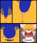  2015 anal anal_penetration anus ass backsack black_nose blue_fur blush canine closed_eyes comic crazedg duo erection fox fur green_eyes hedgehog humanoid_penis lying male male/male mammal miles_&quot;tails&quot;_prower on_back open_mouth orange_fur penetration penis screaming sex sonic_(series) sonic_the_hedgehog tears testicles text tongue 