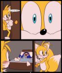  2015 anthro bed biting_lip blue_fur blush bulge canine comic crazedg cyan_eyes english_text erection fox fur furry hedgehog looking_back mammal miles_&quot;tails&quot;_prower nude open_mouth orange_fur penis pillow sleeping sonic_(series) sonic_the_hedgehog surprise text tongue 