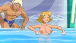1boy 1girl abs bent_over big_breasts blonde_hair breasts closed_eyes clover_(totally_spies) female_pubic_hair grin inside light-skinned_female light-skinned_male muscular_male navel nipples nude_female older older_female partially_clothed_male partially_submerged pool relaxed screen_capture screencap screenshot_edit see-through someraindropsonroses_(artist) stitched swim_trunks totally_spies transparent young_adult young_adult_female young_adult_woman