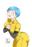 1girl anime_milf art_suyuu ass ass_focus big_ass big_breasts blue_eyes blue_hair bottom_heavy breasts bubble_butt bulma_brief closed_eyes clothed clothed_female clothing dat_ass dragon_ball dragon_ball_super dragon_ball_super:_super_hero dragon_ball_z ear_piercing earrings fat_ass female_focus female_only large_ass looking_at_viewer looking_back mature mature_female milf nipple_bulge one_eye_closed open_mouth piercing short_hair sideboob simple_background smile solo_female solo_focus thick_thighs voluptuous white_background wide_hips
