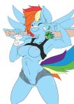 anthro areola blue_fur blush breasts clothed clothing equine female flashing friendship_is_magic fur furry hair inner_ear_fluff khit-sama kneel looking_at_viewer mammal multicolored_hair my_little_pony navel nipples one_eye_closed plain_background pony pussy rainbow_dash rainbow_hair shirt smile solo teeth tuft v white_background 