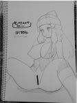  2017 anus arms_behind_back bar_censor blush bottomless breast_out breast_out_of_clothes breasts covered_nipples dawn drawing erect_nipples hands_behind_back hikari_(pokemon) koutarosu large_breasts monochrome nipples one_breast_out pokemon porkyman pussy sitting sketch text translation_request 