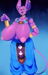  2015 alien areola beerus big_breasts bracelet breasts clothed clothing collar crossgender dragon_ball dragon_ball_z erect_nipples feline female half-dressed huge_breasts jewelry mammal nipples open_mouth purple_body smile solo topless vhsdaii 
