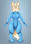  acstlu anthro belly blush breasts canine clothing crossgender female fox fox_mccloud fur furry green_eyes mammal midriff navel navel_indentation nintendo plain_background shiny solo standing star_fox suit thick_thighs tight_clothing video_games wide_hips zero_suit zero_suit_fox 