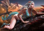  1girl bare_arms barefoot breasts daenerys_targaryen dragon dress drogon female female_human game_of_thrones human long_hair no_bra outdoor outside panties partially_clothed see-through see-through_clothes see-through_dress sleeveless sleeveless_dress white_hair 