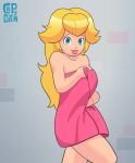  1girl blonde blonde_hair blue_eyes breasts capy_diem capydiem female female_human female_only flashing gif hairless_pussy human long_blonde_hair long_hair looking_at_viewer mostly_nude naked_towel princess_peach pussy royalty solo standing super_mario_bros. towel 