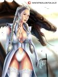  1girl a_song_of_ice_and_fire braid braided_hair breasts daenerys_targaryen dragon dress female female_human game_of_thrones gloves human long_braid long_gloves long_hair looking_at_viewer outdoor outside panties partially_clothed stockings tom_wlod tomwlod white_hair 
