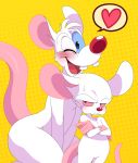 2015 anthro blue_eyes blush buckteeth duo fur furry heart highres kneel looking_at_viewer male mammal mouse one_eye_closed open_mouth pinky pinky_(warner_brothers) pinky_and_the_brain red_nose rodent smile sssonic2 standing teeth the_brain thick_thighs tongue white_fur wink