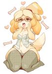  1girl animal_crossing animal_crossing_new_leaf animal_ears bare_shoulders belly bespectacled blonde_hair bone breasts canid canine canine_humanoid chubby cleavage clothed clothing dog dog_ears dog_tail doubutsu_no_mori drooling eyewear full_body furry glasses hair hair_tie hands_on_face hands_on_own_face heart highres isabelle_(animal_crossing) jingle_bell kneel kneeling legwear mammal midriff navel nintendo off_shoulder open_shirt panties plump ponytail purple-framed_glasses saliva secretary seiza shih_tzu shirt shizue_(doubutsu_no_mori) simple_background sitting slightly_chubby slugbox small_breasts solo stockings tail thick_ass thick_legs thick_thighs thigh_gap thighs tongue tongue_out topknot unbuttoned underwear undone video_games wide_hips yellow_fur 