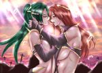  2girls abs after_kiss aqua_hair arm arms art artist_request big_breasts blue_eyes blush breasts brown_hair elbow_gloves eye_contact female green_hair hair hair_ornaments half-closed_eyes hug hugging large_breasts looking_at_another multiple_girls mutual_yuri naughty_face open_mouth ponytail red_eyes saliva saliva_trail sideboob smile sunlight tongue tongue_out yuri 