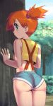  1_girl against_tree alluring apostle_(artist) arm arms ass back bangs bare_legs bare_shoulders big_ass bigpurpleduck blue_sky blush cloud cloudy_sky crop_top crop_top_overhang denim denim_shorts eyelashes forest from_behind green_eyes gym_leader high_res highres huge_ass kasumi_(pokemon) legs legs_together looking_at_viewer looking_back midriff misty nature neck nintendo orange_hair outdoors outside pokemon pokemon_(anime) ponytail profile revealing_clothes shiny shiny_skin shirt short_hair short_ponytail short_shorts shorts side_ponytail sky sleeveless sleeveless_shirt solo_focus suspenders tank_top tree wide_ponytail yellow_shirt 