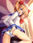 1girl blonde_hair blue_eyes cameltoe female_masturbation female_only frottage looking_at_viewer open_mouth pussy_juice skirt_lift twin_tails vaginal_juices