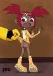  ass boots bumblebee_(transformers) dark-skinned_female dark_skin dress dress_lift embarrassed embarrassing looking_back looking_down necklace no_panties red_ass red_eyes red_hair robot sari_sumdac shiny shiny_skin transformers transformers_animated twin_tails 