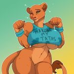  1girl 1girl 2020 5_fingers anthro anthrofied big_breasts bottomless breasts claws clothed clothing digital_media_(artwork) disney felid fingers furry geeflakes gradient_background green_eyes high_res huge_breasts lion mammal nala navel one_eye_closed pantherine shirt simple_background sweatband text text_on_clothing text_on_shirt text_on_topwear the_lion_king topwear under_boob yellow_sclera 