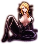  1girl arm_support blonde_hair bodysuit breasts center_opening chiba_toshirou grey_eyes insanely_hot large_breasts legs lips long_hair long_legs nancy_lee naughty_face navel ninja_slayer skin_tight smile solo thick_thighs thighs unzipped 