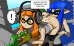 2girls ass bent_over blue_eyes blue_hair funny gun hair headphone inkling long_hair multiple_girls nintendo orange_eyes orange_hair paint paintball_gun panties panties_pull panties_pulling pants_down pointy_ears printed_panties shiny shiny_skin smile splatoon squid surprise twin_tails weapon