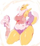  1girl blue_eyes breasts chubby clothed clothing digimon human male mammal navel plain_background pose renamon skimpy sunibee sweat thick_thighs voluptuous 