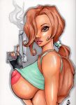 big_breasts bodysuit breasts breasts_bigger_than_head breasts_out_of_clothes brown_hair cleavage glasses gun huge_breasts lara_croft navel nipples orvilleart_(artist) ponytail pussy shirt_lift tomb_raider weapon