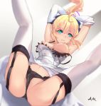 1girl ahoge black_bra black_panties blonde_hair bra breasts breasts_outside colored_eyelashes dress elbow_gloves fate/stay_night fate_(series) gagged garter_straps gloves green_eyes highres i.a.m.genesic nipples panties ponytail saber solo spread_legs thighhighs underwear white_dress white_gloves white_legwear