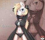  1girl anthro arms_behind_head aryanne aryanne_(character) bedroom_eyes belly blonde_hair blue_eyes blush cameltoe cleavage clothed clothing crossover cynthia equine eyebrows fan_character fur furry hair half-closed_eyes highres horse long_hair looking_at_viewer mammal my_little_pony navel nintendo panties pokemon pony smile standing text underwear video_games white_fur 