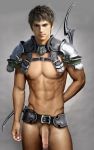  1boy 2015 abs archer armor biceps bottomless bow clothing edit fantasy flaccid half-dressed human hunter hyur looking_at_viewer male male_only mammal muscle nipples partially_clothed pecs penis photo_manipulation photomorph solo testicles thurinion vein 
