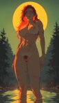  abs ai_generated big_breasts forest forest_background green_eyes looking_at_viewer nipples nude nude_female pink_nipples pond pov pubic_hair red_hair redhead scars sunset 