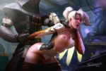 1girl 2014 blonde_hair breasts choking doggy_position hair hood mercy_(overwatch) nipples overwatch reaper_(overwatch) rough_sex sex tarakanovich torn_clothes white_hair