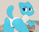  1girl 1girl 2014 acstlu anthro ass bent_over blue_body blue_eyes cameltoe cat clothed clothing english_text feline looking_back mammal nicole_watterson panties plain_background stop text the_amazing_world_of_gumball thick_thighs underwear washing_machine 