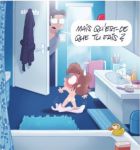  2boys bathroom bichon blue_eyes brown_hair embarrassing french glasses hair multiple_boys nude rubber_duck shiny shiny_skin short_hair surprise sweat_drop towel 