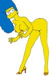  ass big_breasts blue_hair breasts bush feet hair heels high_heels legs looking_at_viewer marge_simpson milf pubic_hair smile the_simpsons white_background yellow_skin 