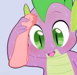  blush dragon fangs friendship_is_magic green_eyes male meme my_little_pony simple_background slit_pupils spike sunibee sweat teeth towel young 