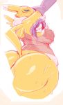  1girl ass breasts chubby clothed clothing digimon plain_background pose renamon skimpy sunibee sweat thick_thighs voluptuous 