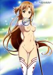  asuna_(sao) brown_eyes brown_hair closed_mouth embarrassed erect_nipples female_only holding_sword holding_weapon innie_pussy long_hair shaved_pussy small_breasts sword_art_online uncensored 